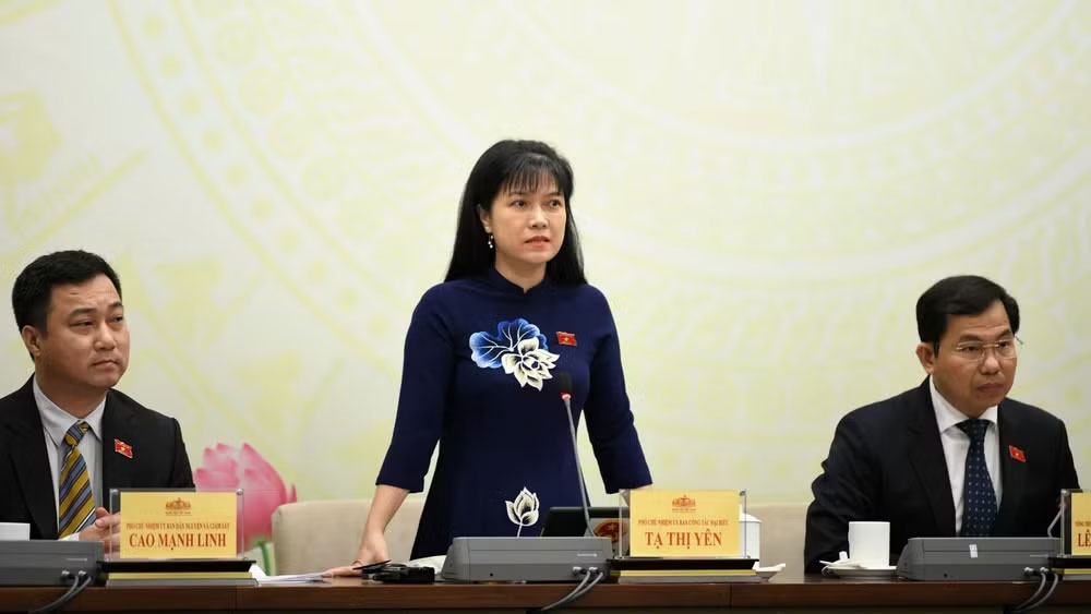 Phó Chủ nhiệm Ủy ban Công tác đại biểu Tạ Thị Yên trao đổi với các phóng viên tại họp báo. (Ảnh: DUY LINH)
