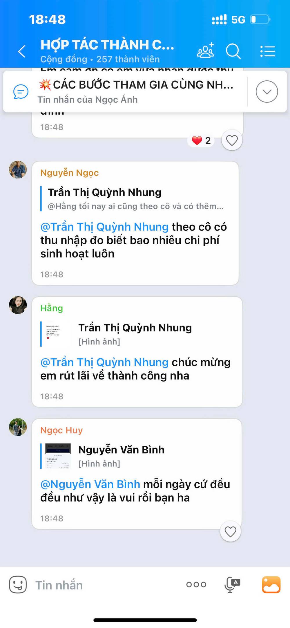 Nhóm cộng đồng “Hợp tác thành công” với nội dung “tin nhắn mồi” về khoản thu nhập phụ của các thành viên.