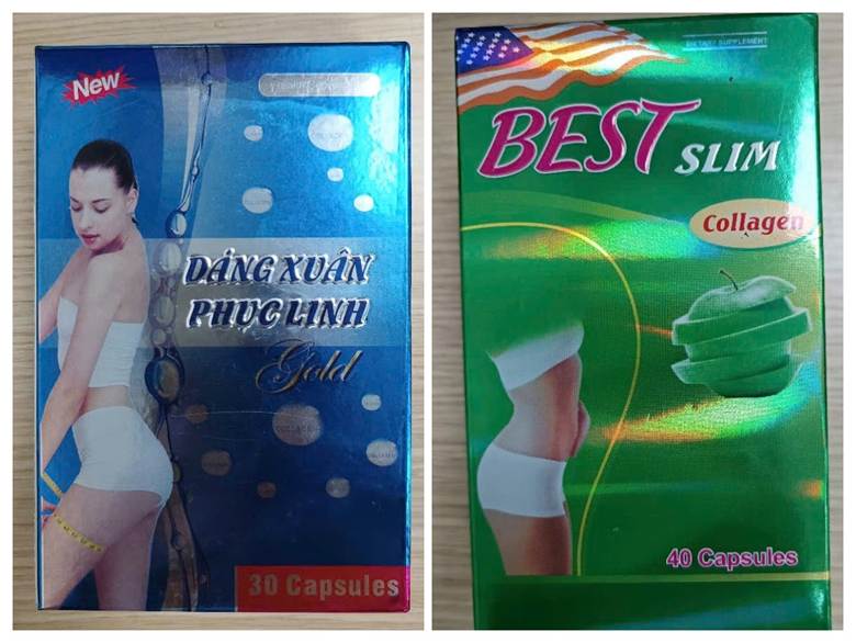 Hai sản phẩm thực phẩm bảo vệ sức khỏe gồm Dáng Xuân Phục Linh Gold và Best Slim Collagen có chứa chất cấm sibutramine. Ảnh: BYT

