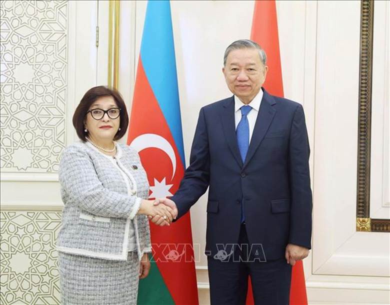 Tổng Bí thư Tô Lâm hội kiến Chủ tịch Quốc hội Azerbaijan Sahiba Gafarova. Ảnh: Thống Nhất/ TTXVN