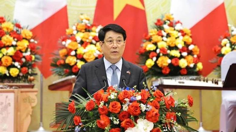 
Chủ tịch nước Lương Cường phát biểu tại buổi chiêu đãi.