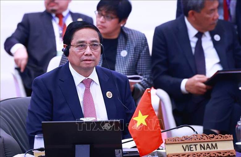Thủ tướng Phạm Minh Chính dự và phát biểu tại phiên Đối thoại của lãnh đạo ASEAN với đại diện Hội đồng liên Nghị viện ASEAN (AIPA). Ảnh: Dương Giang/TTXVN