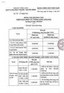 Bảng giá quảng cáo Báo in và online trên Báo Vĩnh Long