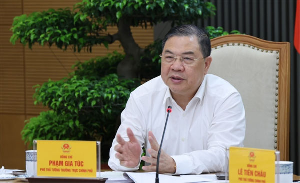 Phó Thủ tướng Thường trực Phạm Gia Túc nêu rõ, trong bối cảnh yêu cầu tăng trưởng hai con số, nhu cầu năng lượng, đặc biệt là điện phục vụ sản xuất, sẽ tăng rất cao (Ảnh: VGP/Phương Nguyên)
