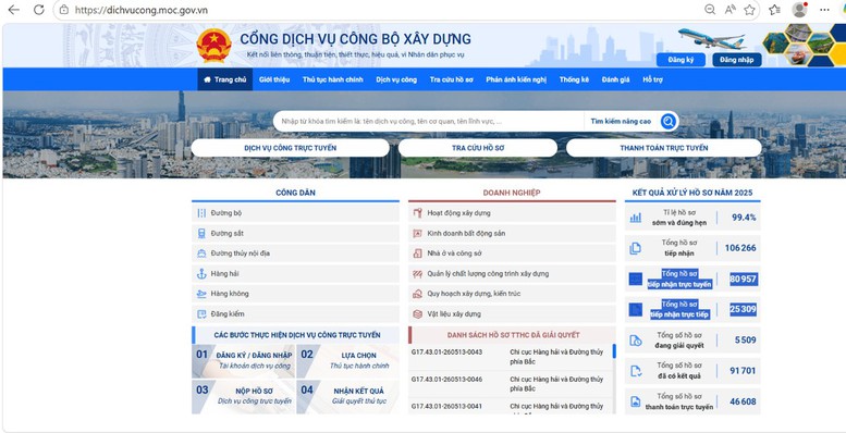 Cổng Dịch vụ công Bộ Xây dựng tại địa chỉ https://dichvucong.moc.gov.vn