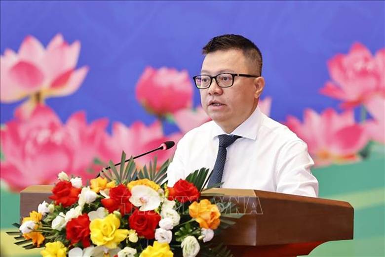 Đồng chí Lê Quốc Minh, Phó trưởng Ban Tuyên giáo và Dân vận Trung ương, Tổng Biên tập Báo Nhân Dân, Chủ tịch Hội Nhà báo Việt Nam phát biểu. Ảnh: Doãn Tấn/TTXVN