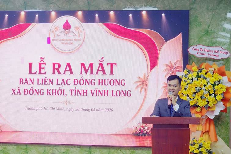 Ông Nguyễn Văn Pol- Trưởng Ban liên lạc đồng hương xã Đồng Khởi phát biểu tại buổi lễ ra mắt. Ảnh: Việt Dũng