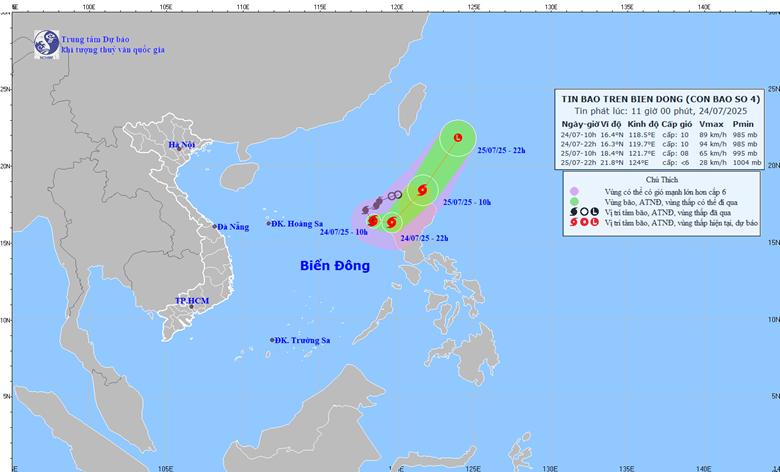 
Hiện bão số 4 đang di chuyển theo hướng Đông Nam, tốc độ khoảng 10km/h.