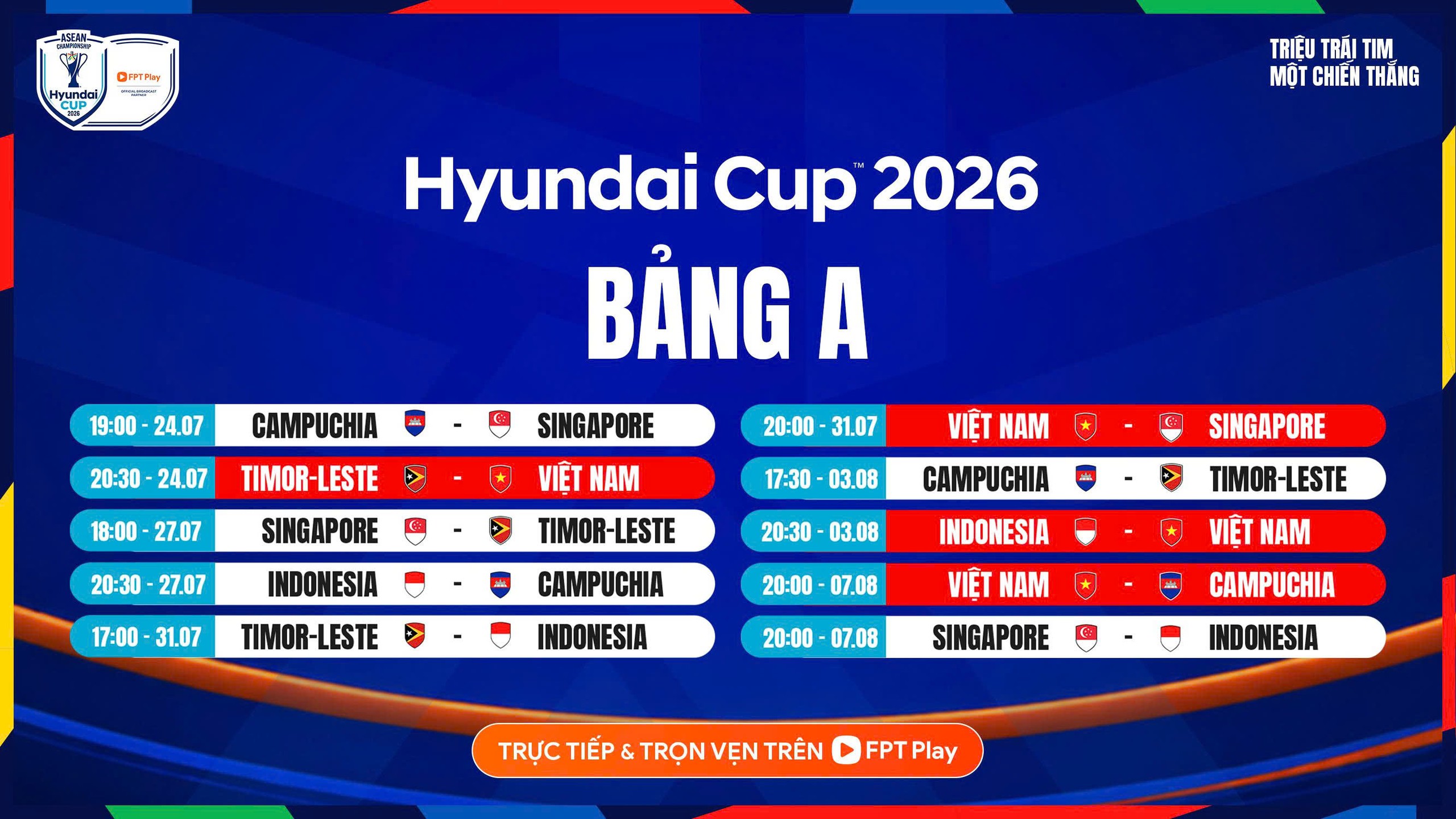 Chi tiết lịch thi đấu của bảng A - ASEAN Cup 2026.

ẢNH: FPT PLAY

