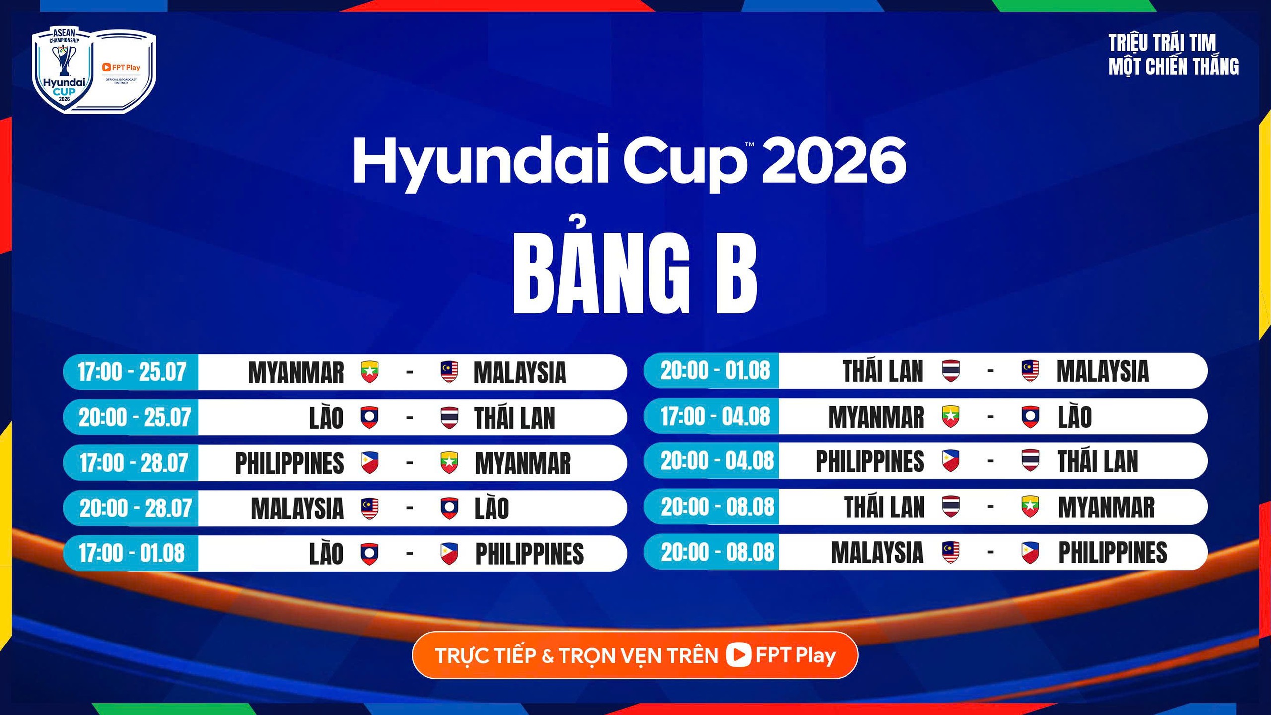 Lịch thi đấu chi tiết ở bảng B - ASEAN Cup 2026.

ẢNH: FPT PLAY

