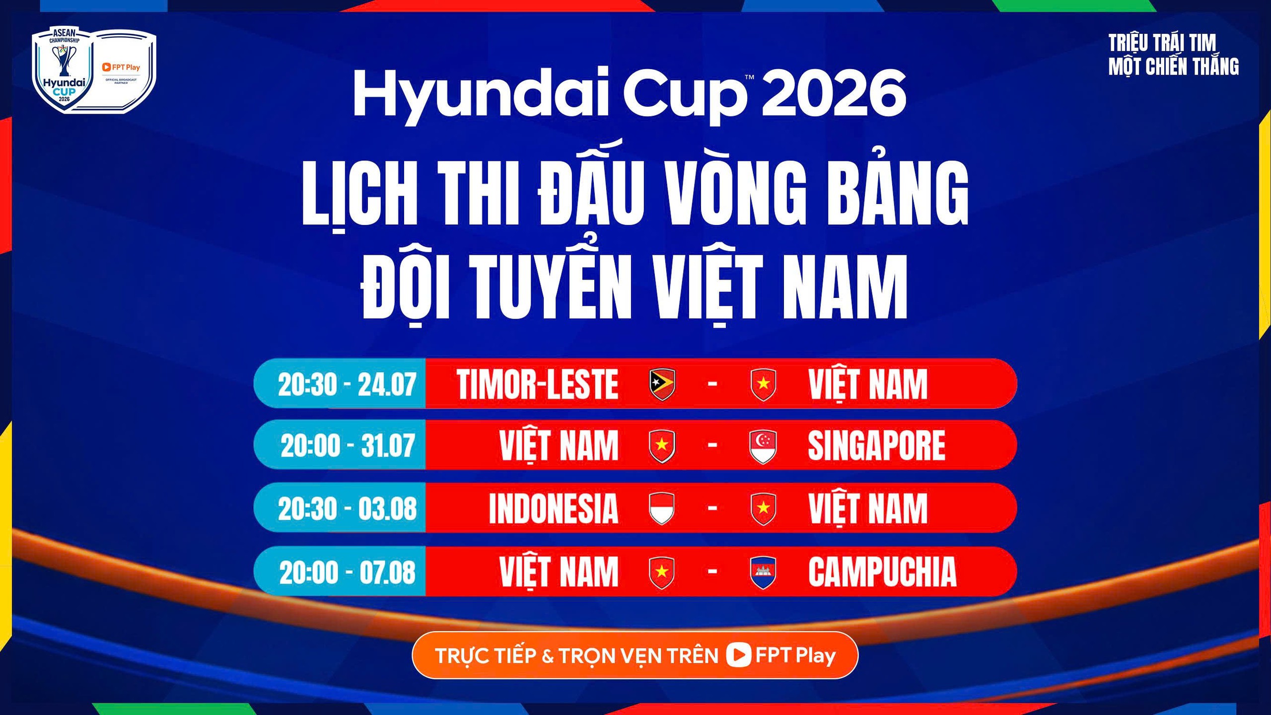 Lịch thi đấu của đội tuyển Việt Nam tại ASEAN Cup 2026.

ẢNH: FPT PLAY

