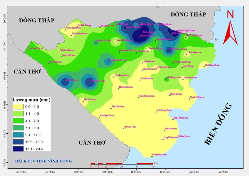 Bản đồ tổng lượng mưa từ 7 giờ ngày 26/8 đến 7 giờ ngày 27/8/2025 các trạm khu vực tỉnh Vĩnh Long.