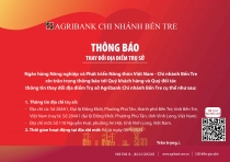 Agribank chi nhánh Bến Tre thông báo thay đổi địa điểm