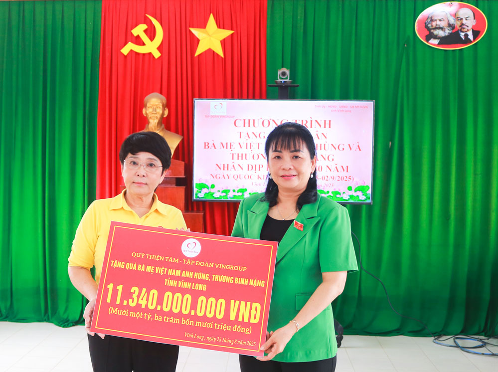 Phó Chủ tịch HĐND tỉnh- Lê Thị Thúy Kiều tiếp nhận bảng biểu trưng kinh phí tặng quà do Quỹ Thiện Tâm- Tập đoàn Vingroup hỗ trợ. Ảnh: Tuyết Nga