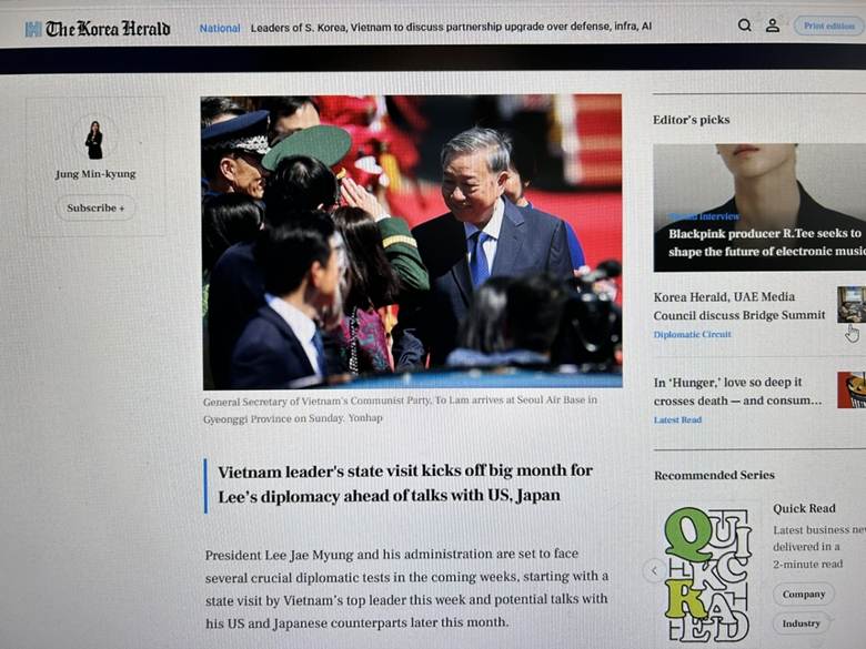 
Tờ Korea Herald đăng một bình luận dài đầy lạc quan về quan hệ Hàn - Việt và chuyến thăm cấp nhà nước của Tổng Bí thư Tô Lâm