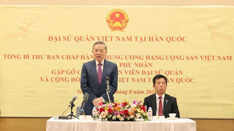 Tổng Bí thư Tô Lâm phát biểu tại cuộc gặp gỡ. (Ảnh: Thống Nhất/TTXVN)