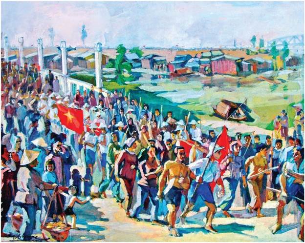 Tác phẩm Tân An những ngày Tháng Tám năm 1945 của họa sĩ Hữu Phương, vẽ theo lời kể của họa sĩ Huỳnh Văn Gấm. (Ảnh chụp: VÕ MẠNH HẢO)