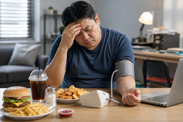 Ngồi nhiều, ăn uống không lành mạnh là những thói quen không tốt ảnh hưởng đến huyết áp. Ảnh: P.H tạo từ AI