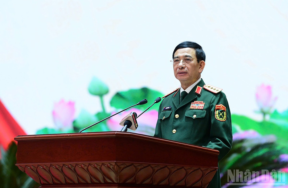 Đại tướng Phan Văn Giang phát biểu ý kiến tại Hội nghị. (Ảnh: MAI TÙNG)
