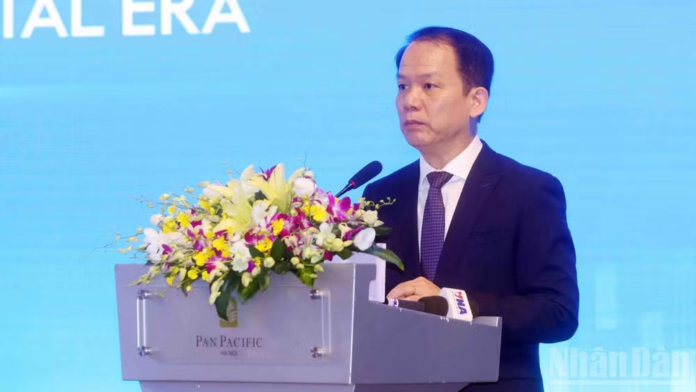 Bộ trưởng Tư pháp Hoàng Thanh Tùng phát biểu khai mạc. (Ảnh: H.N)

