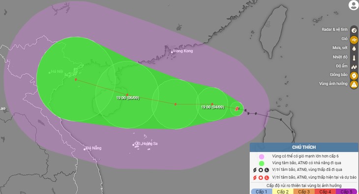 Dự báo vị trí và hướng di chuyển bão số 3 lúc 19h tối 3/9 - Ảnh: NCHMF
