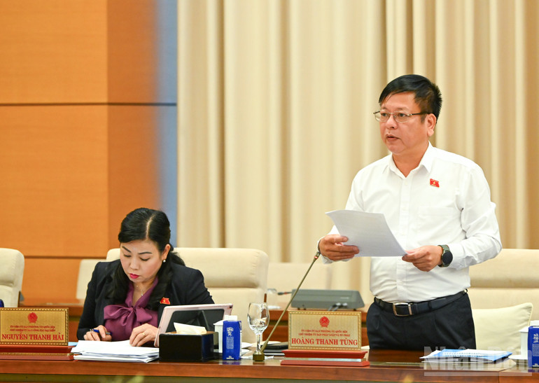 Phó Chủ nhiệm Ủy ban Pháp luật và Tư pháp Nguyễn Trường Giang trình bày báo cáo thẩm tra. (Ảnh: DUY LINH)