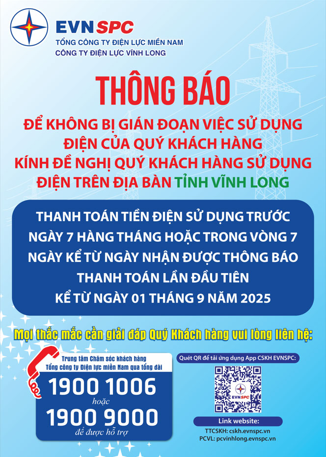 Thông báo thời hạn thanh toán tiền điện đến Quý khách hàng
