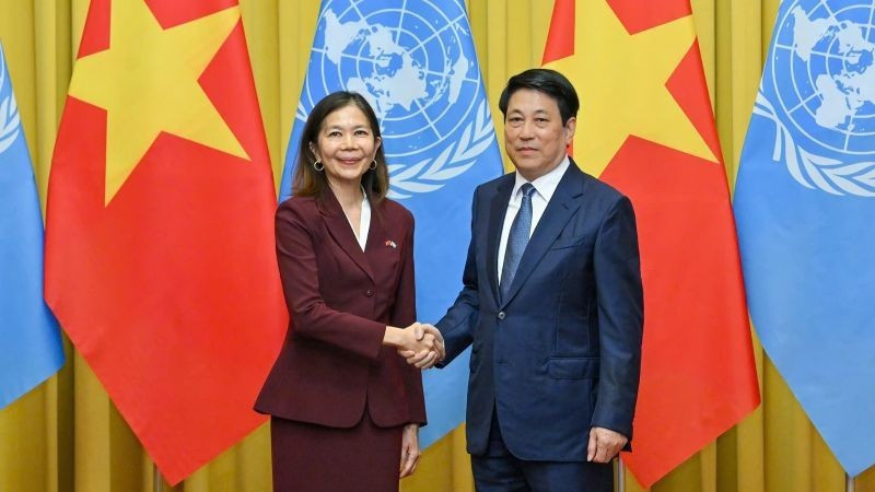 Chủ tịch nước Lương Cường và bà Pauline Tamesis, Điều phối viên thường trú Liên hợp quốc tại buổi tiếp Điều phối viên Thường trú và các Trưởng đại diện các tổ chức LHQ Việt Nam hôm 18/9. (Ảnh: THỦY NGUYÊN)