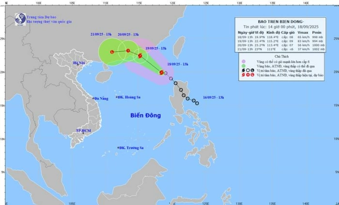 Áp thấp nhiệt đới trên Biển Đông đã mạnh thành bão số 8 Mitag từ trưa nay (18/9)