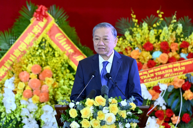 Tổng Bí thư Tô Lâm phát biểu tại Lễ kỷ niệm 80 năm Ngày truyền thống Tòa án nhân dân. (Ảnh ĐĂNG KHOA)