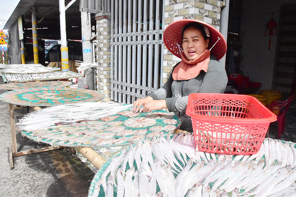 Bà Huỳnh Hoa Mỹ Ngọc có nhiều năm gắn bó với nghề làm khô cá hố. Ảnh: MẪN QUÂN

