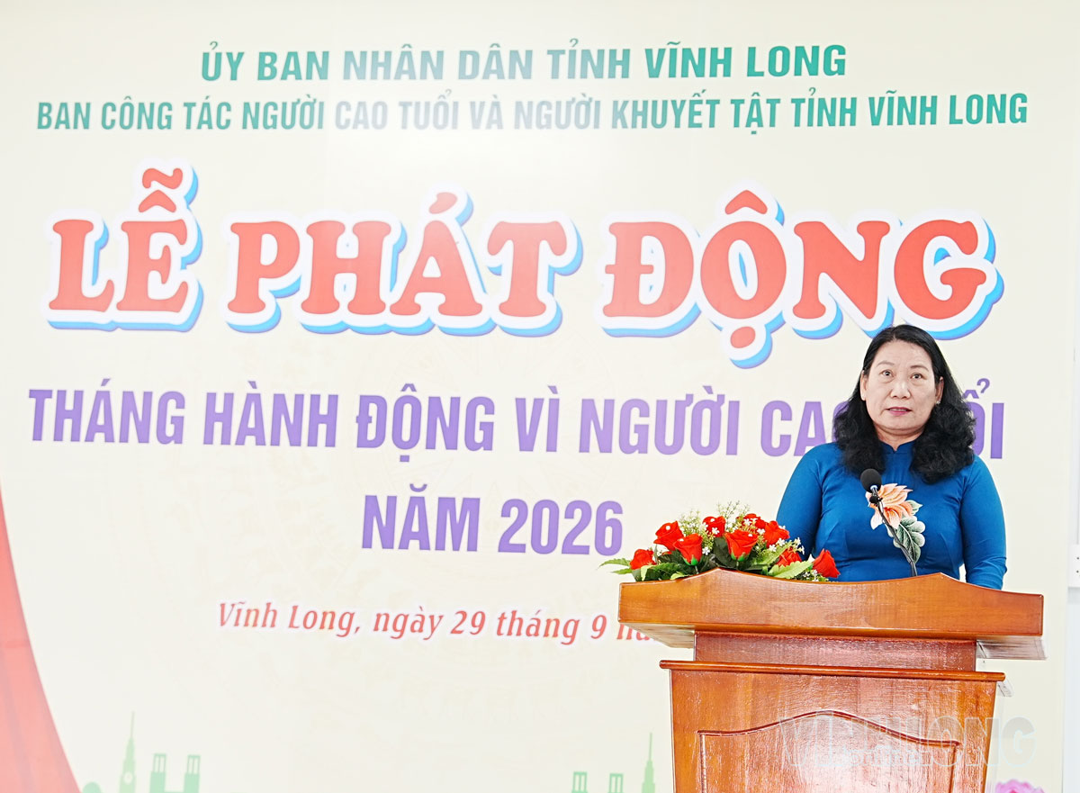 Phó Chủ tịch UBND tỉnh Nguyễn Thị Bé Mười phát biểu tại Lễ phát động Tháng hành động vì người cao tuổi Việt Nam năm 2026.