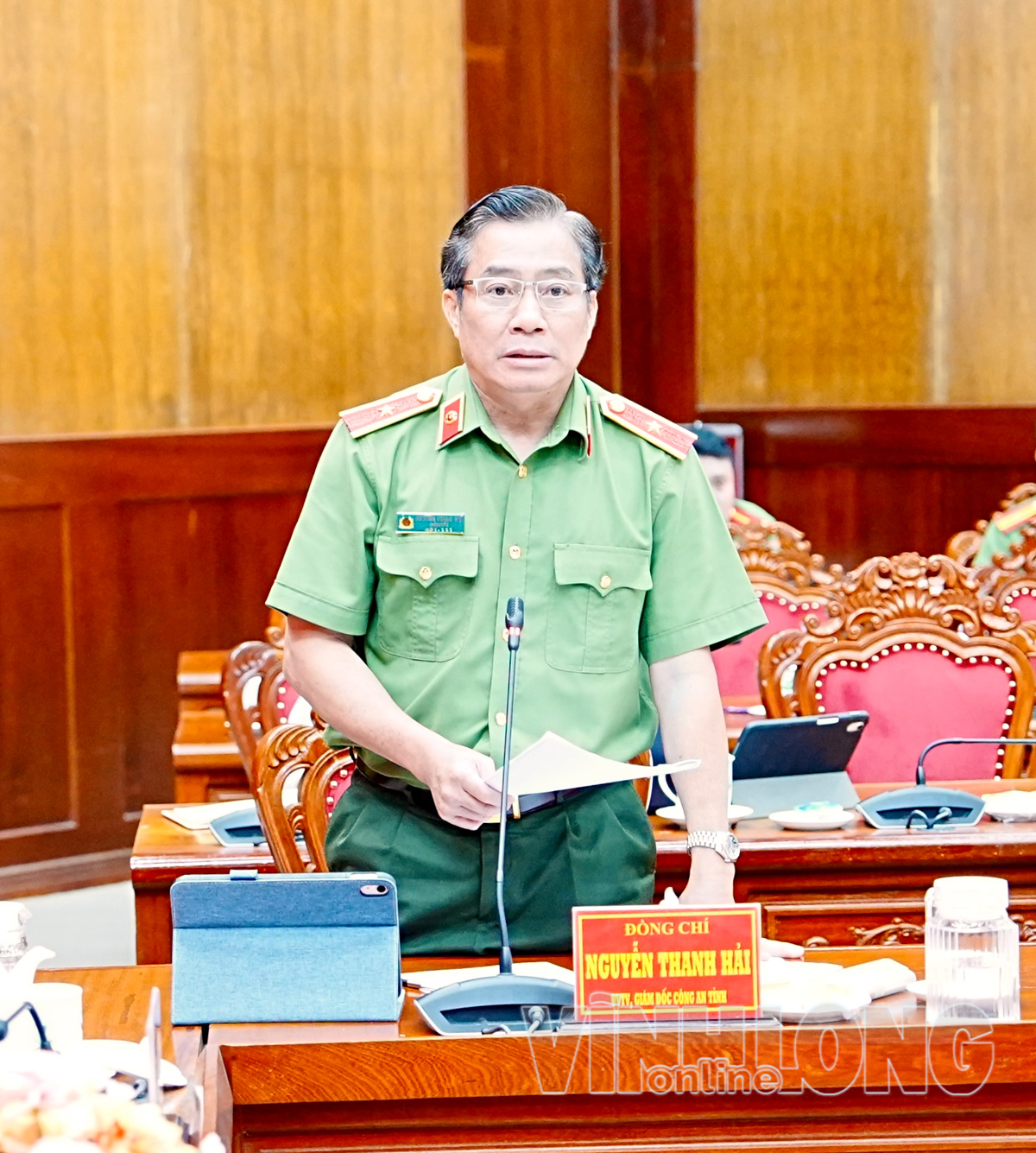 Thiếu tướng Nguyễn Thanh Hải - Ủy viên Ban Thường vụ Tỉnh ủy, Giám đốc Công an tỉnh phát biểu tại cuộc họp.
