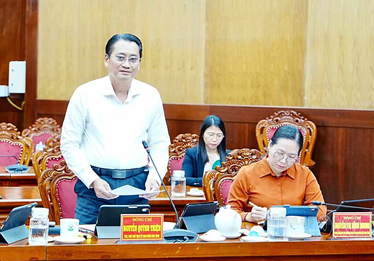Đồng chí Nguyễn Quỳnh Thiện - Tỉnh ủy viên, Phó Chủ tịch UBND tỉnh phát biểu tại cuộc họp.