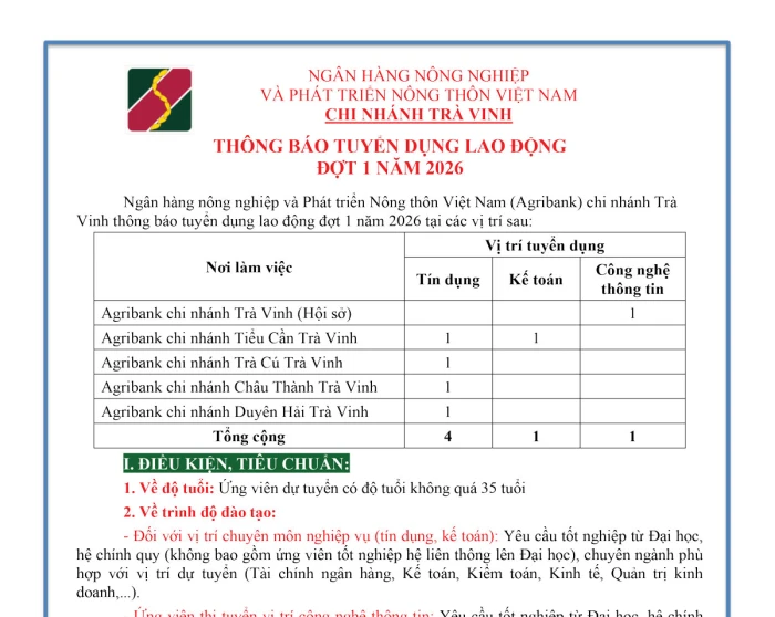 Agribank Chi nhánh Trà Vinh thông báo tuyển dụng lao động đợt 1 năm 2026