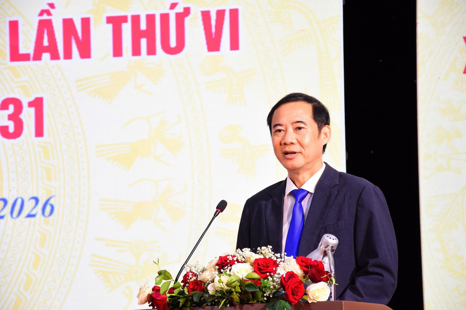 Đồng chí Nguyễn Thái Học, Phó Bí thư, Chủ nhiệm Ủy ban Kiểm tra Đảng ủy Mặt trận Tổ quốc, các đoàn thể Trung ương, phát biểu tại Đại hội. (Ảnh: VŨ DUY)