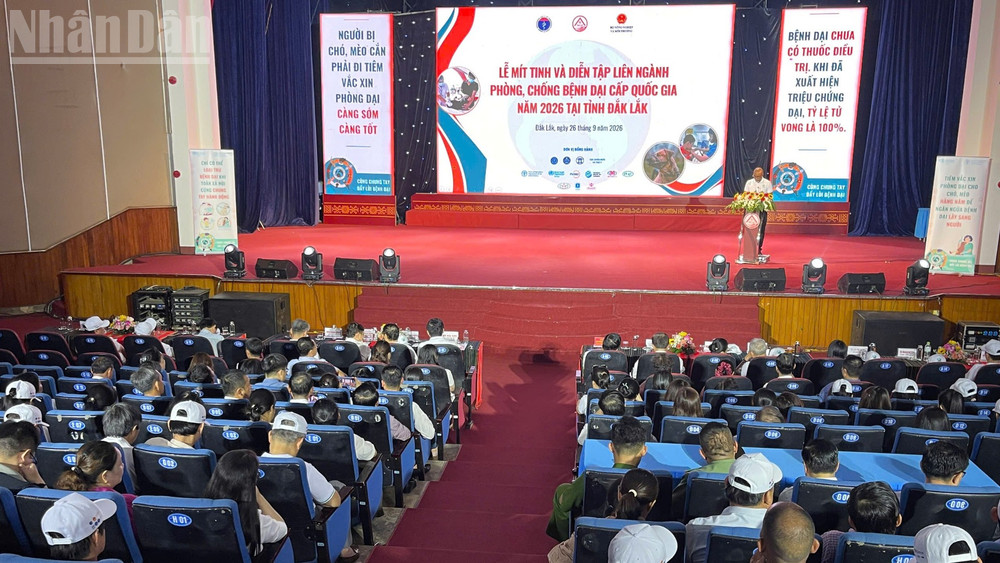 Quang cảnh Lễ mít-tinh và diễn tập liên ngành phòng, chống bệnh dại cấp quốc gia năm 2026, hưởng ứng Ngày Thế giới phòng, chống bệnh dại 28/9. (Ảnh: CÔNG LÝ