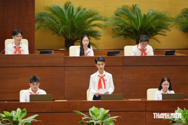 Trẻ em đóng vai Bộ trưởng Bộ Giáo dục - Đào tạo giải trình tại phiên họp giả định Quốc hội trẻ em lần thứ 2.

ẢNH: TUẤN MINH


