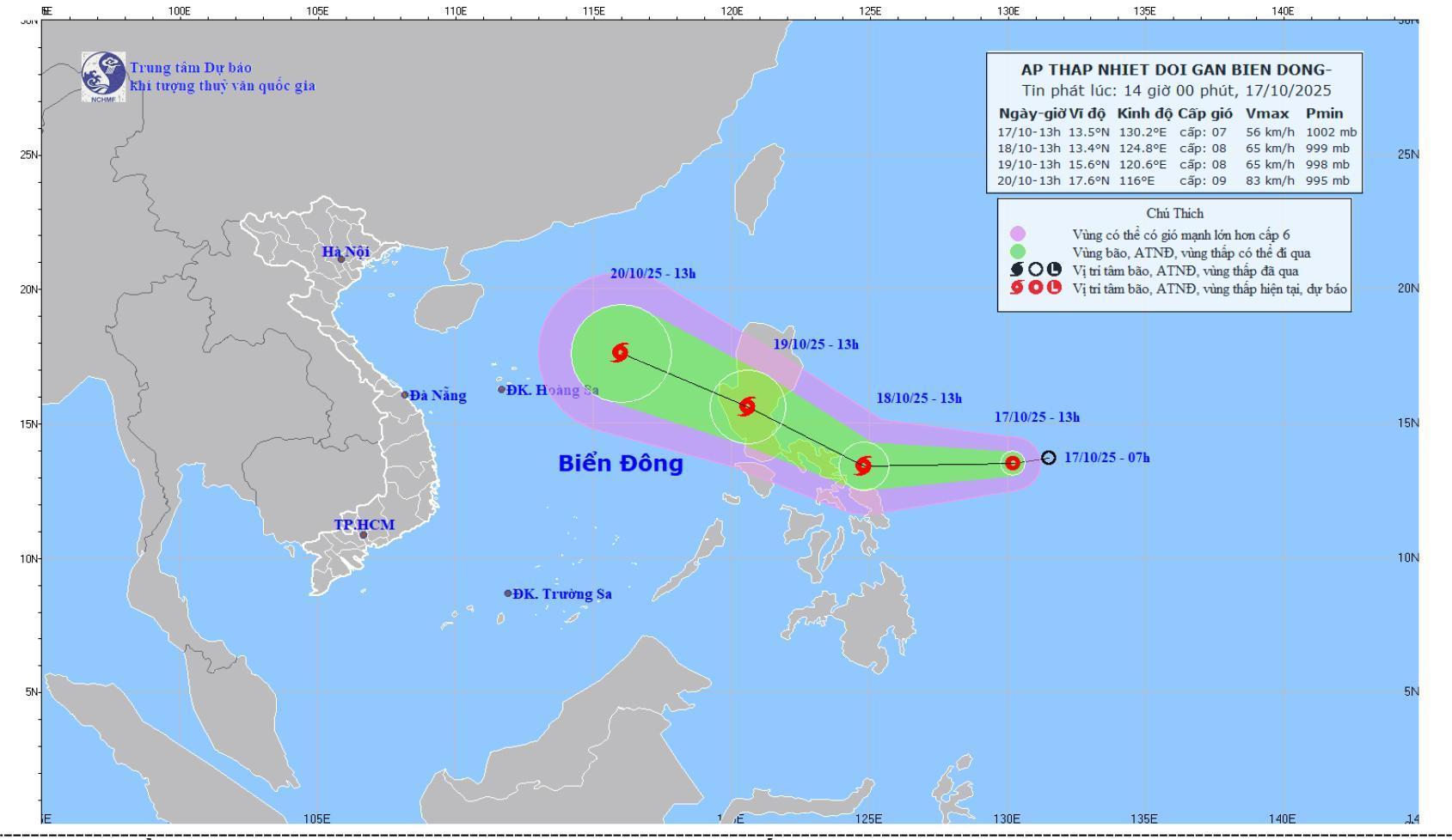 Bản đồ dự báo quỹ đạo và cường độ áp thấp nhiệt đới phát lúc 14 giờ ngày 17/10/2025.