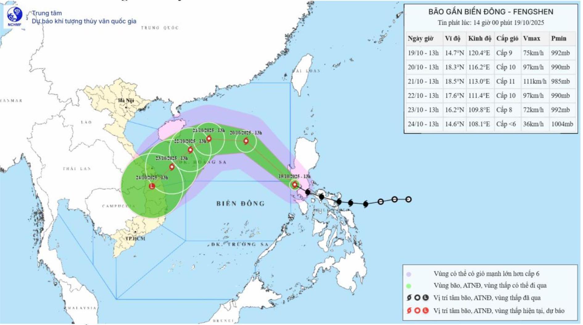 Bản đồ dự báo quỹ đạo và cường độ bão Fengshen phát lúc 14 giờ ngày 19/10/2025.