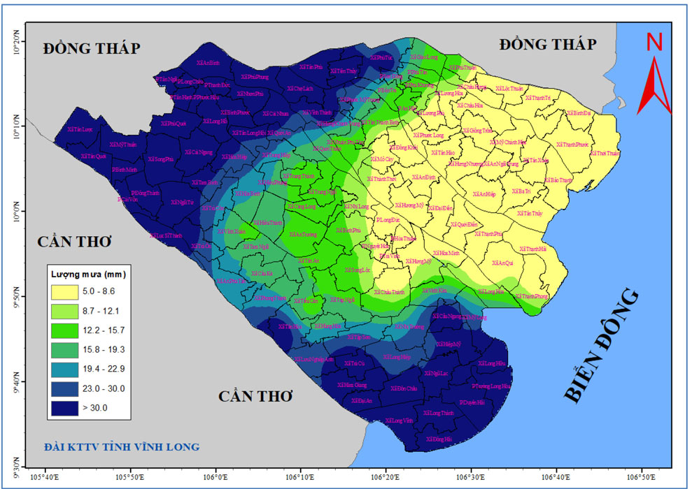 : Bản đồ dự báo tổng lượng mưa từ 7 giờ ngày 8/10 đến 7 giờ ngày 9/10/2025 các trạm khu vực tỉnh Vĩnh Long.
