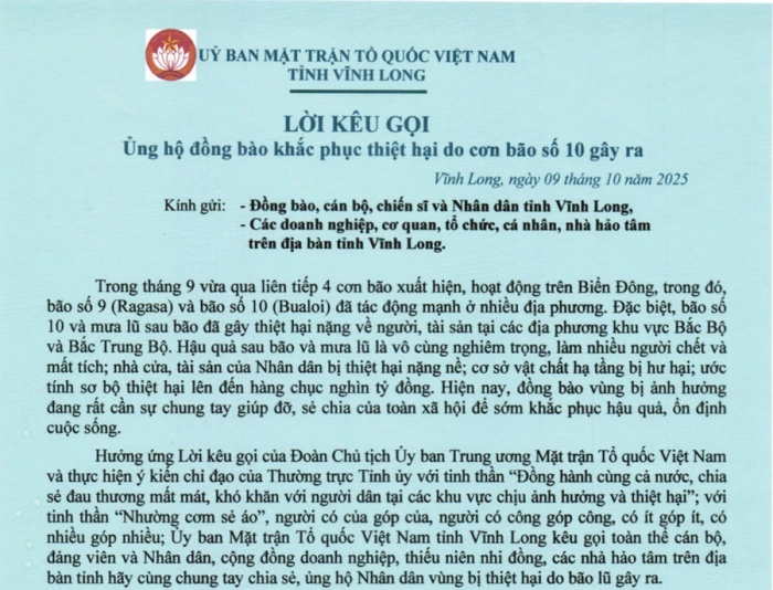 Lời kêu gọi ủng hộ đồng bào khắc phục thiệt hại do cơn bão số 10 gây ra