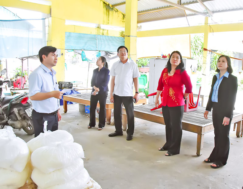 Phó Chủ tịch UBND tỉnh- Nguyễn Thị Bé Mười (thứ 2 từ phải sang) cùng đoàn khảo sát công trình chợ Thạnh Hòa Sơn.