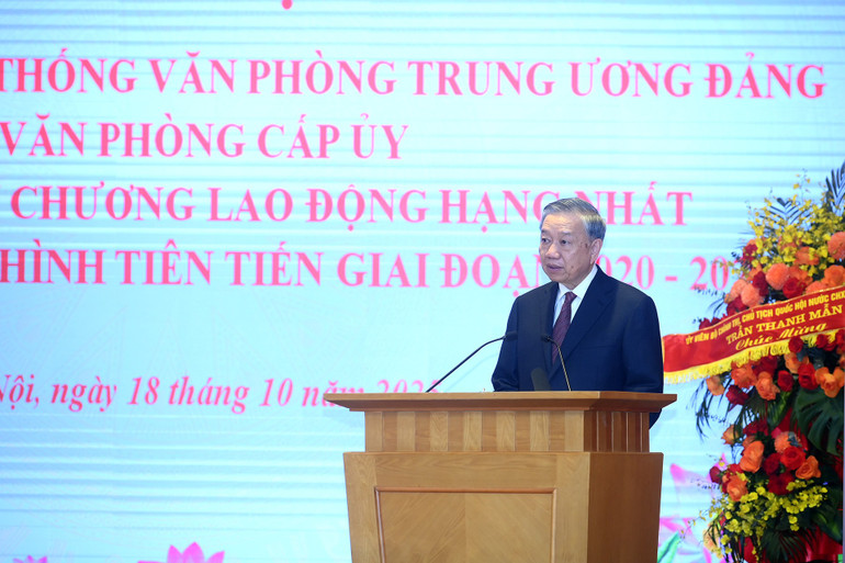 Tổng Bí thư Tô Lâm phát biểu tại lễ kỷ niệm. (Ảnh ĐĂNG KHOA) 