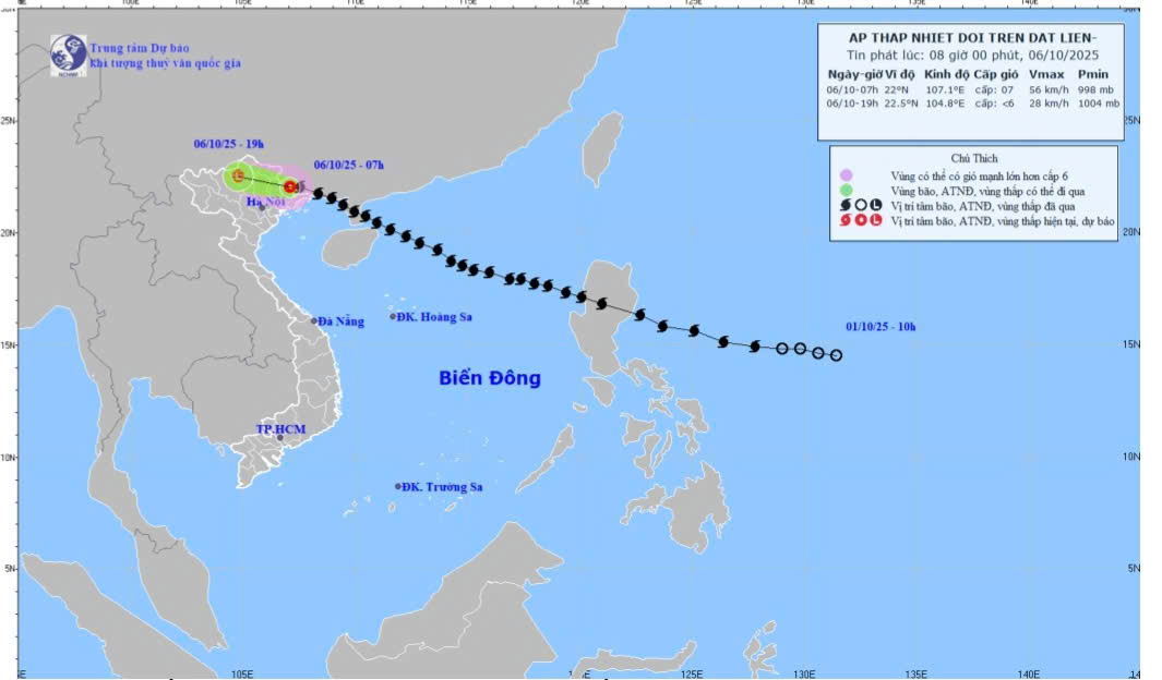 Bản đồ dự báo quỹ đạo và cường độ áp thấp nhiệt đới phát lúc 8 giờ ngày 6/10/2025.





