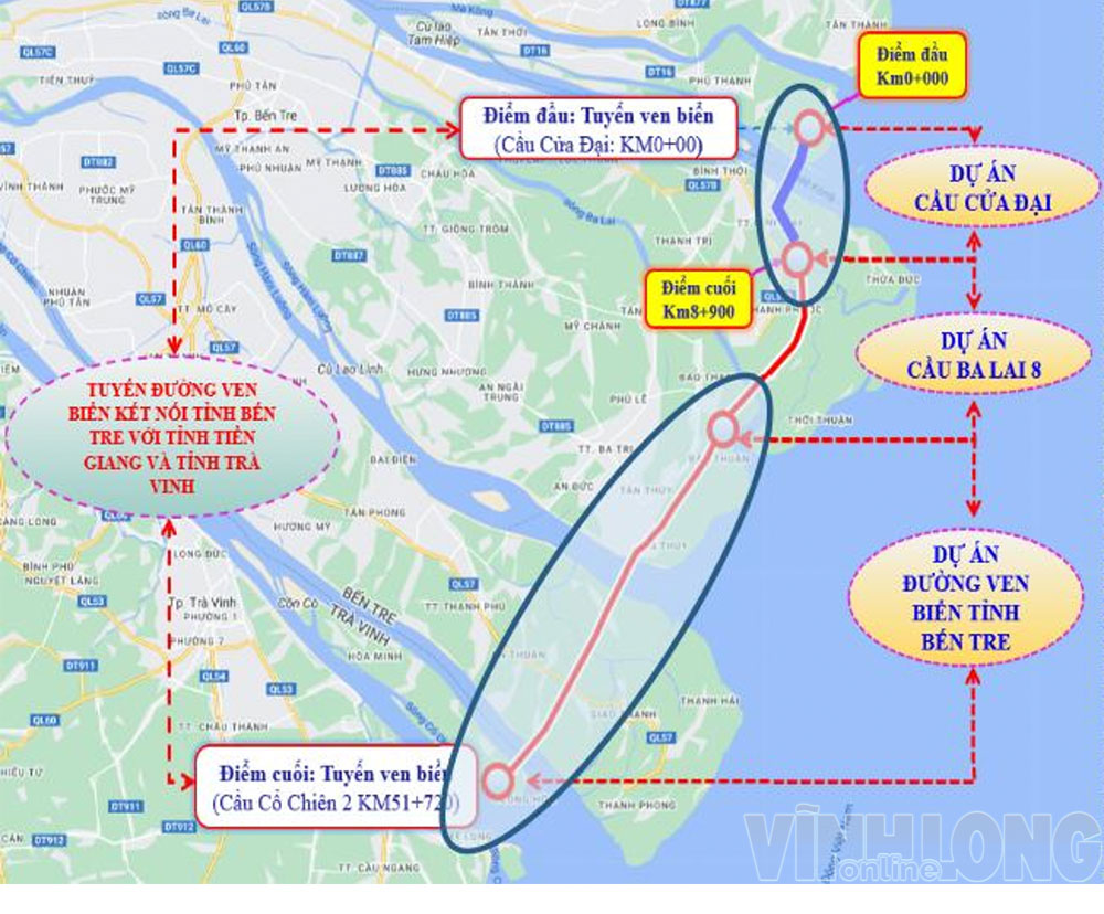 Tuyến đường bộ ven biển kết nối Bến Tre với Tiền Giang và Trà Vinh (Vĩnh Long và Đồng Tháp) góp phần hoàn thiện hạ tầng giao thông, mở không gian phát triển kinh tế biển.