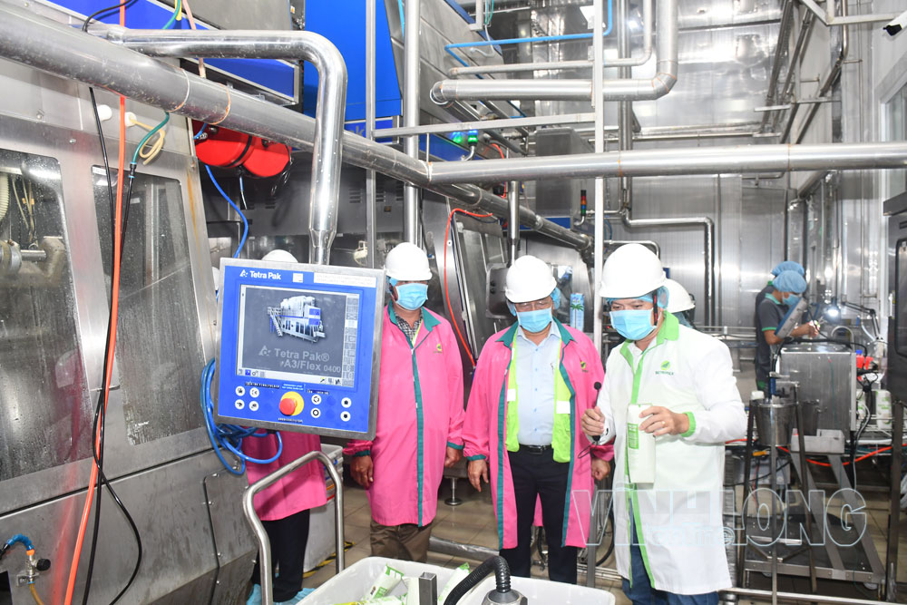 Dây chuyền sản xuất nước dừa đóng hộp công nghệ Tetra Pak của Thụy Điển tại Betrimex, xã Lương Hòa.

