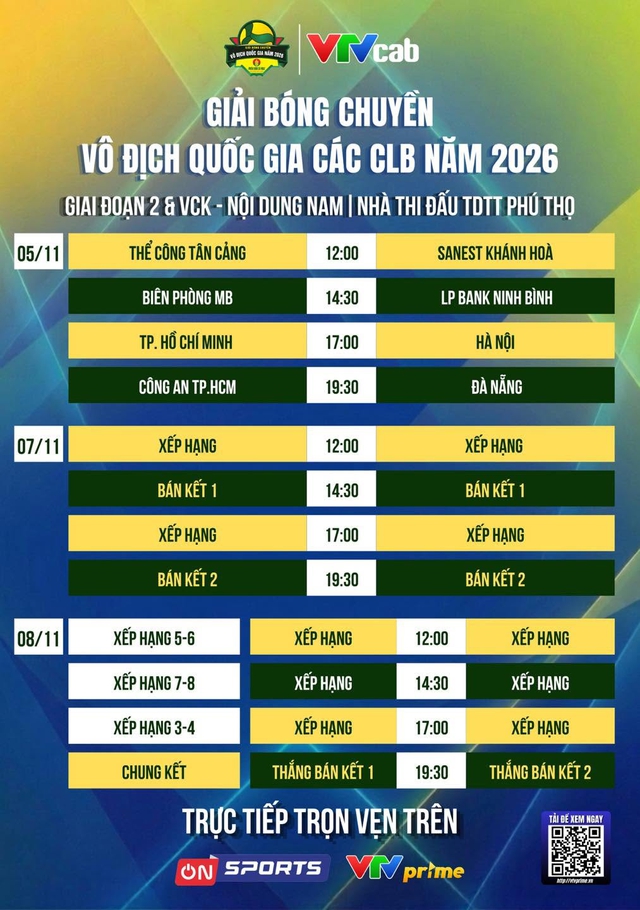 Lịch thi đấu và trực tiếp giai đoạn 2 và vòng chung kết giải bóng chuyền nam vô địch quốc gia 2026.

ẢNH: VTV CAB

