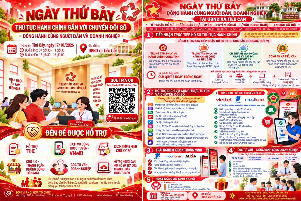 Kế hoạch “Ngày thứ Bảy Thủ tục hành chính gắn với chuyển đổi số, đồng hành cùng người dân và doanh nghiệp” tại xã Tiểu Cần. Ảnh: TTPVHCC cung cấp.