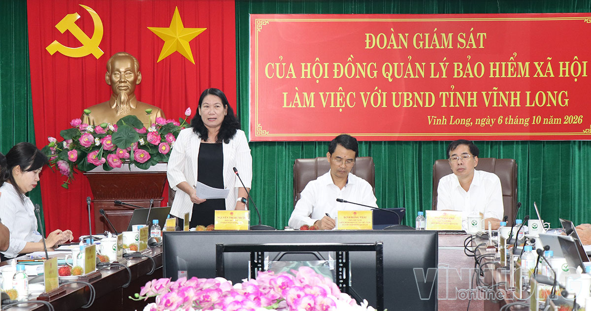 Phó Chủ tịch UBND tỉnh Nguyễn Thị Bé Mười phát biểu tại buổi làm việc với Đoàn giám sát của Hội đồng quản lý Bảo hiểm xã hội.